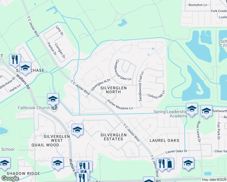 map of restaurants, bars, coffee shops, grocery stores, and more near 2502 Atwood Glen Lane in Houston