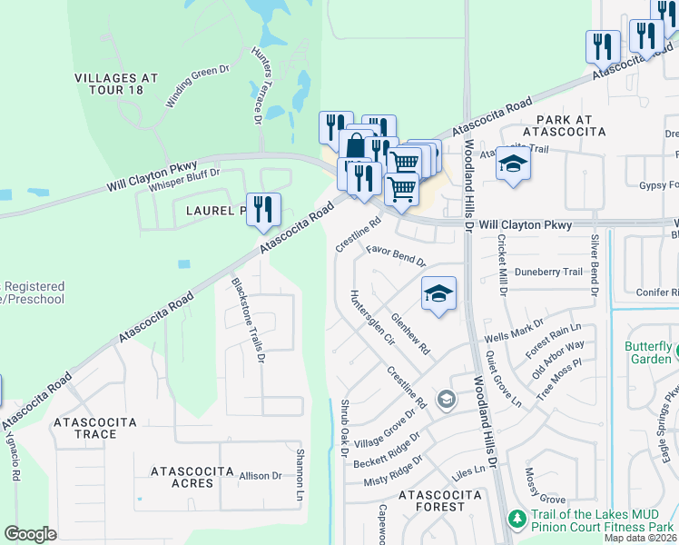 map of restaurants, bars, coffee shops, grocery stores, and more near 17614 Crestline Road in Humble