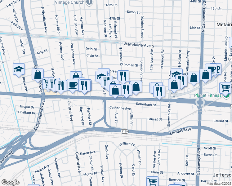 map of restaurants, bars, coffee shops, grocery stores, and more near 3818 Johnson Street in Metairie