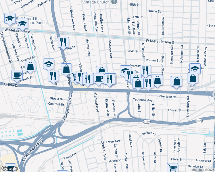 map of restaurants, bars, coffee shops, grocery stores, and more near 118 Giuffrias Avenue in Metairie