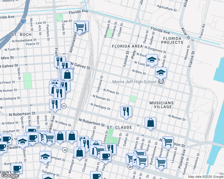 map of restaurants, bars, coffee shops, grocery stores, and more near 3147 North Prieur Street in New Orleans