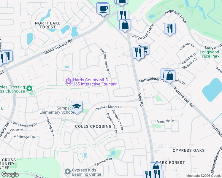 map of restaurants, bars, coffee shops, grocery stores, and more near 13923 Annandale Terrace Drive in Cypress
