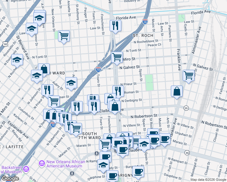 map of restaurants, bars, coffee shops, grocery stores, and more near 1815 Frenchmen Street in New Orleans