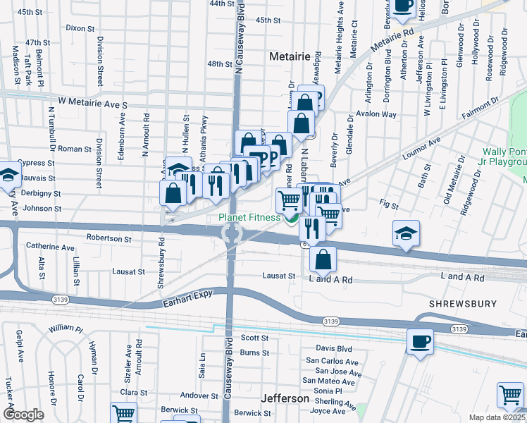 map of restaurants, bars, coffee shops, grocery stores, and more near 2933 Johnson Street in Metairie