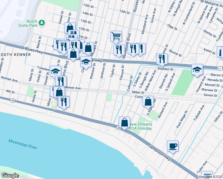 map of restaurants, bars, coffee shops, grocery stores, and more near 2530 Kenner Avenue in Kenner