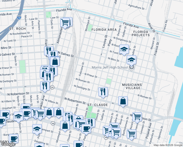 map of restaurants, bars, coffee shops, grocery stores, and more near 3147 North Prieur Street in New Orleans