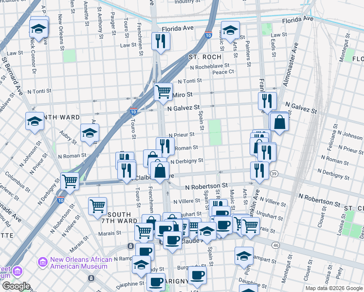 map of restaurants, bars, coffee shops, grocery stores, and more near 2255 North Roman Street in New Orleans