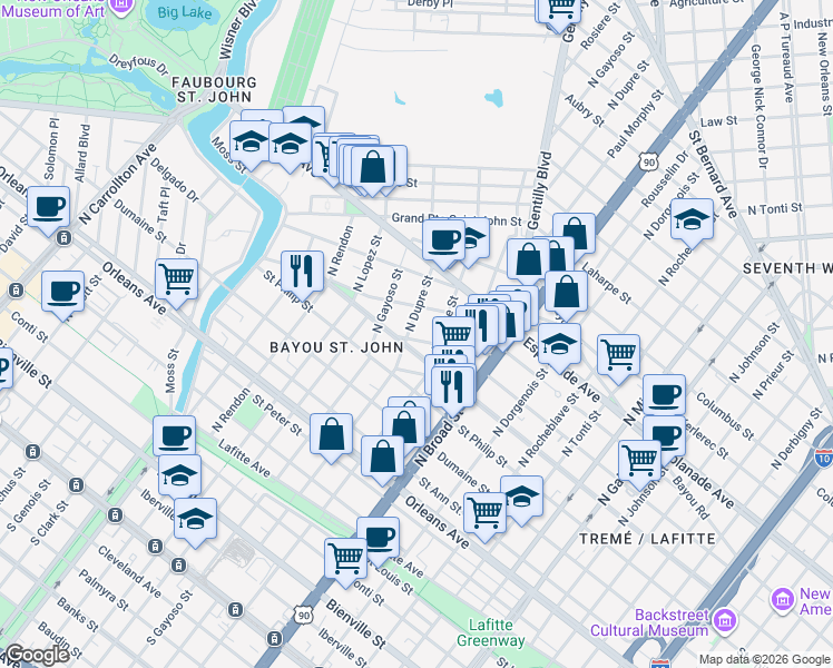 map of restaurants, bars, coffee shops, grocery stores, and more near 2901 Ursulines Avenue in New Orleans