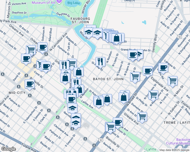 map of restaurants, bars, coffee shops, grocery stores, and more near 3201 Dumaine Street in New Orleans