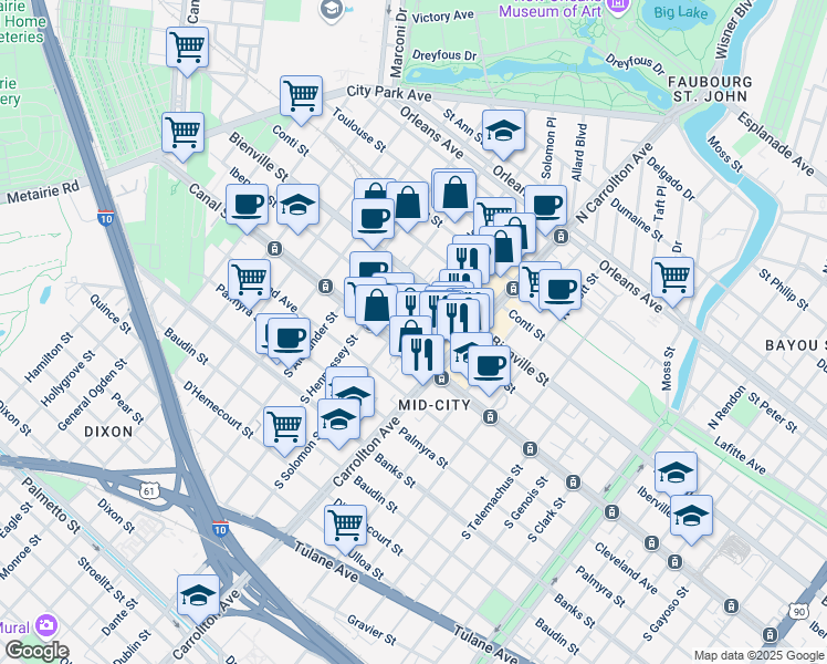 map of restaurants, bars, coffee shops, grocery stores, and more near 4201 Canal Street in New Orleans