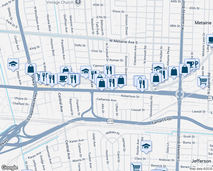 map of restaurants, bars, coffee shops, grocery stores, and more near 3818 Johnson Street in Metairie