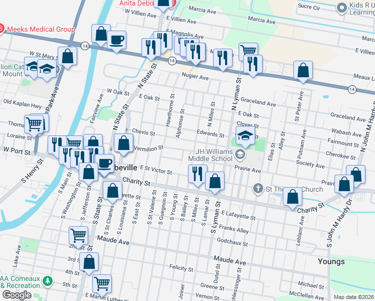 map of restaurants, bars, coffee shops, grocery stores, and more near 703 East Vermilion Street in Abbeville