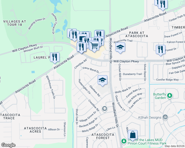 map of restaurants, bars, coffee shops, grocery stores, and more near 17502 Favor Bend Court in Humble