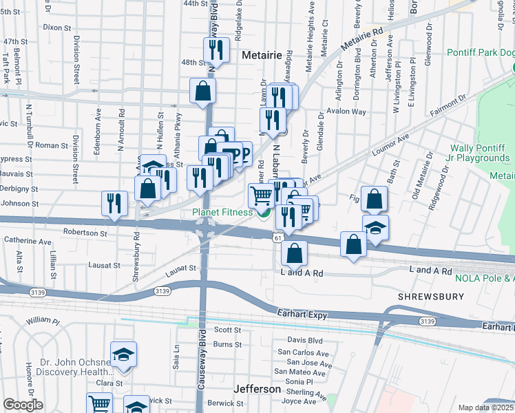 map of restaurants, bars, coffee shops, grocery stores, and more near 256 Gruner Road in Metairie