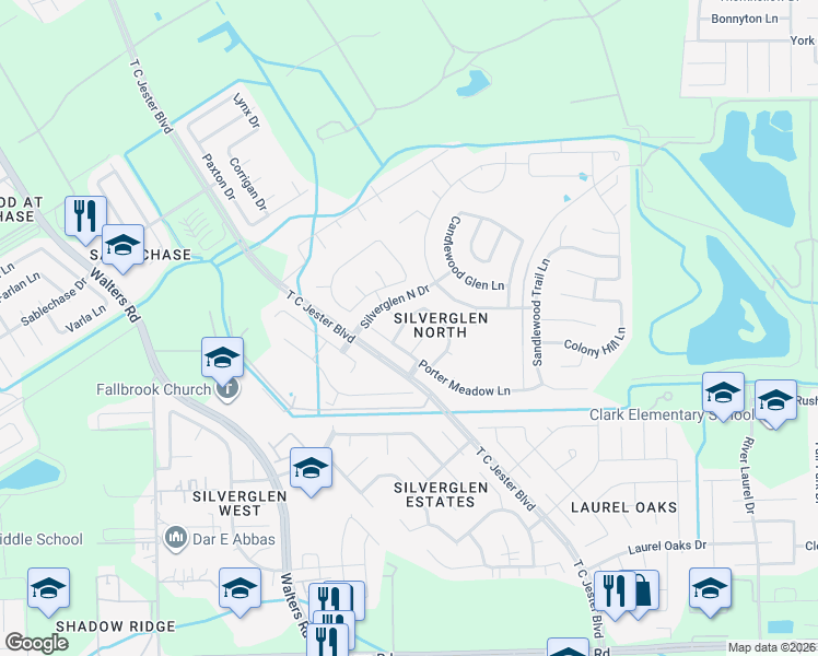 map of restaurants, bars, coffee shops, grocery stores, and more near 2603 Dawkins Lane in Houston