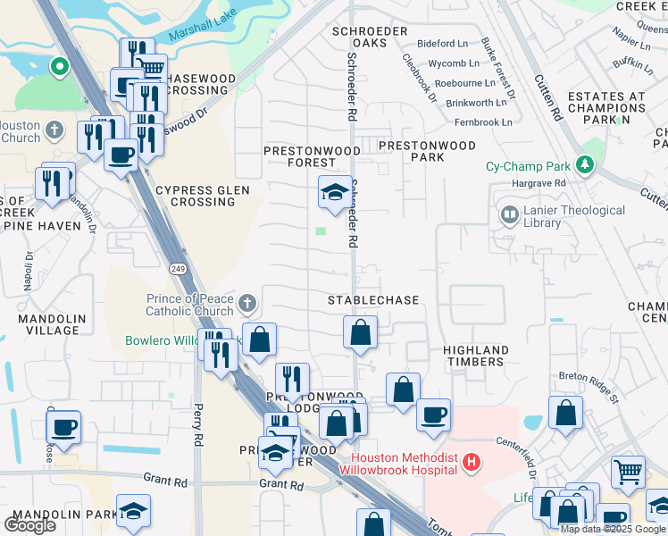 map of restaurants, bars, coffee shops, grocery stores, and more near 8114 Birchglen Lane in Houston