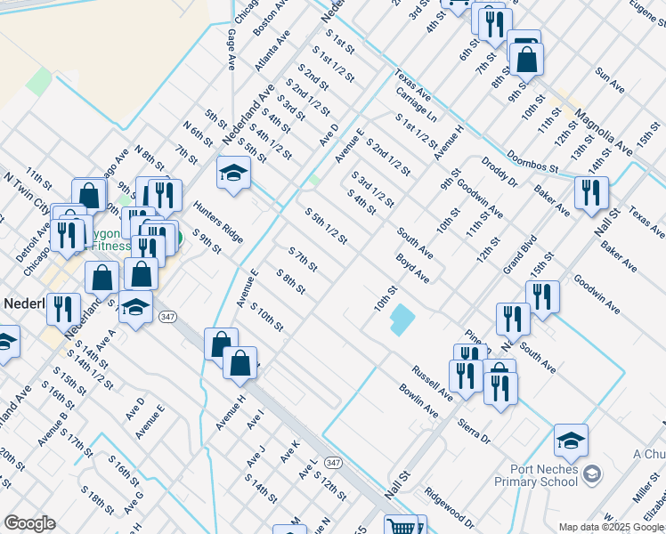 map of restaurants, bars, coffee shops, grocery stores, and more near 812 S 6th St in Nederland