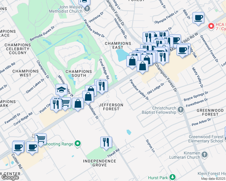 map of restaurants, bars, coffee shops, grocery stores, and more near 5959 Cypress Creek Parkway in Houston