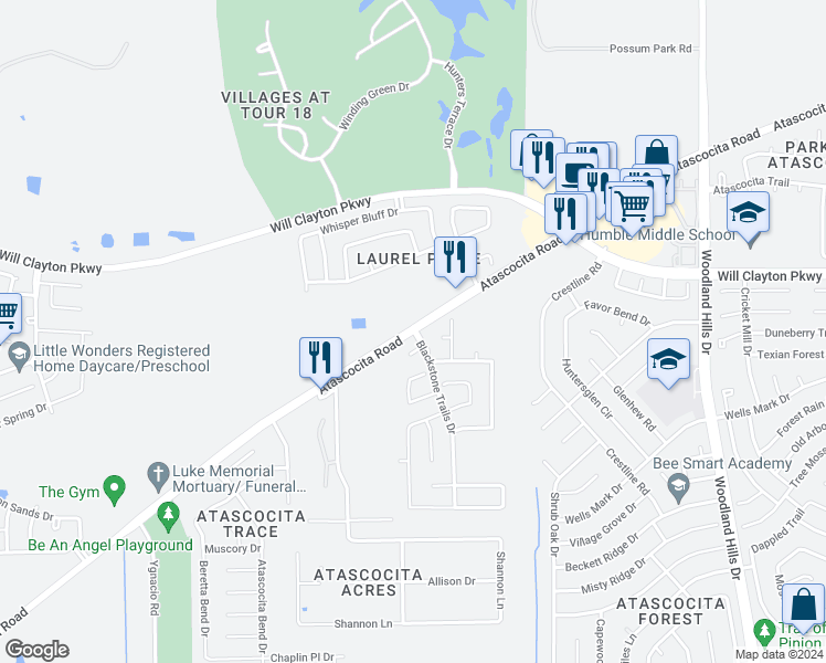 map of restaurants, bars, coffee shops, grocery stores, and more near 3202 Atascocita Road in Humble