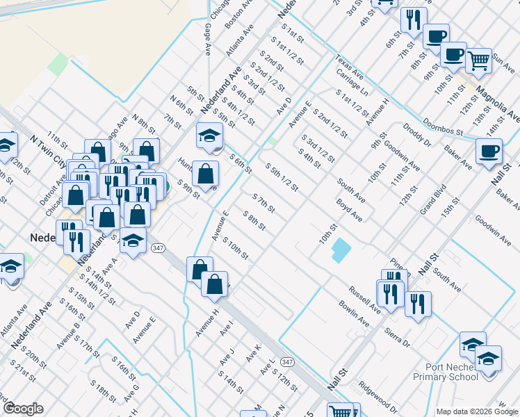map of restaurants, bars, coffee shops, grocery stores, and more near 704 S 7th St in Nederland