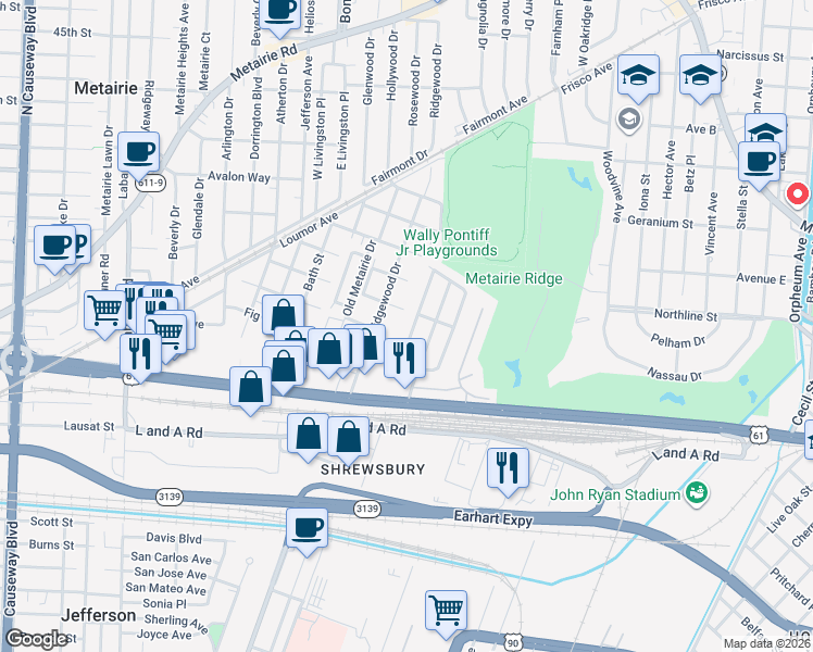 map of restaurants, bars, coffee shops, grocery stores, and more near 217 West Maple Ridge Drive in Metairie