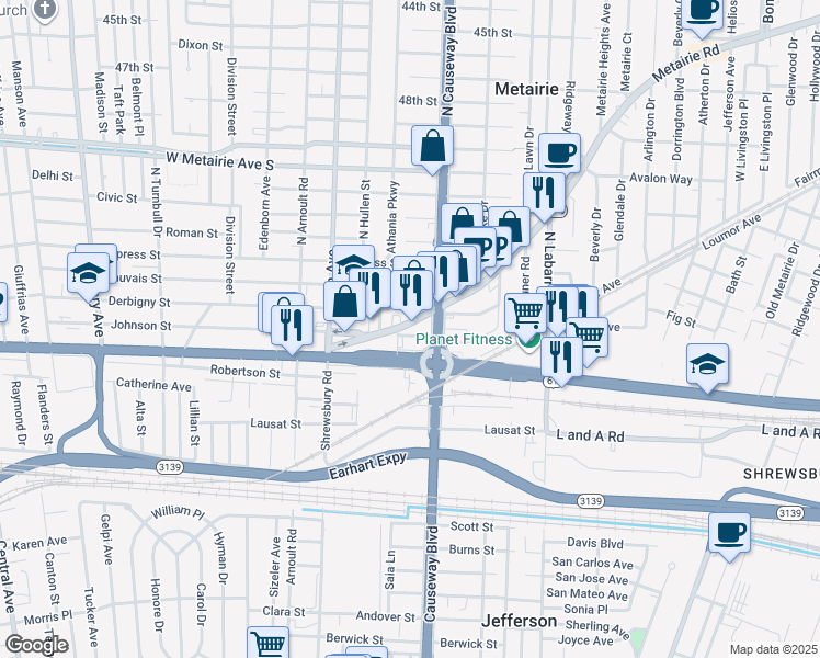 map of restaurants, bars, coffee shops, grocery stores, and more near 3228 Metairie Road in Metairie