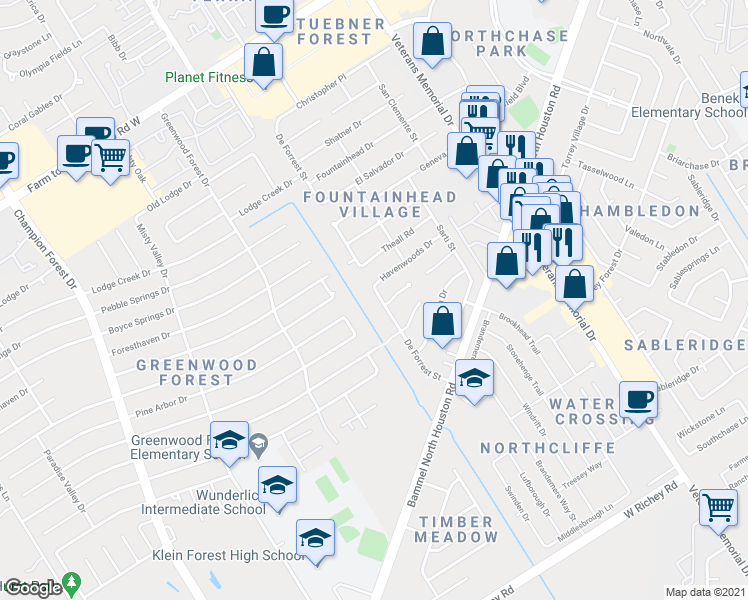map of restaurants, bars, coffee shops, grocery stores, and more near 12331 De Forrest Street in Houston