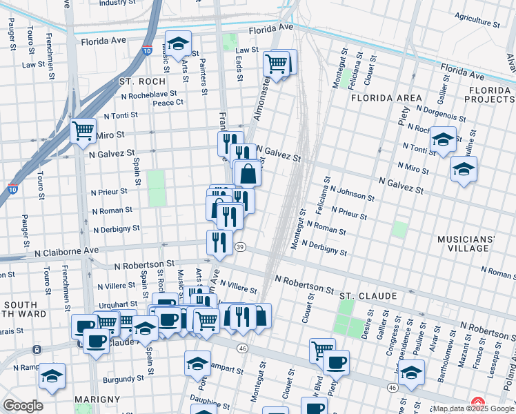 map of restaurants, bars, coffee shops, grocery stores, and more near 2719 North Roman Street in New Orleans