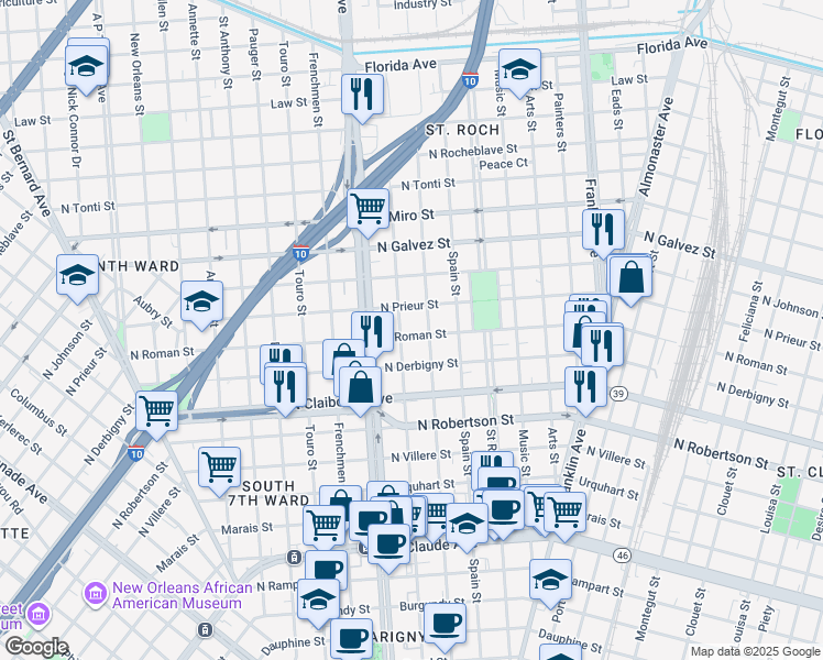 map of restaurants, bars, coffee shops, grocery stores, and more near 2255 North Roman Street in New Orleans