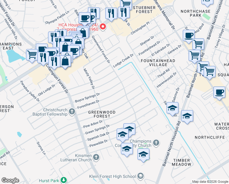 map of restaurants, bars, coffee shops, grocery stores, and more near 5322 Foresthaven Drive in Houston