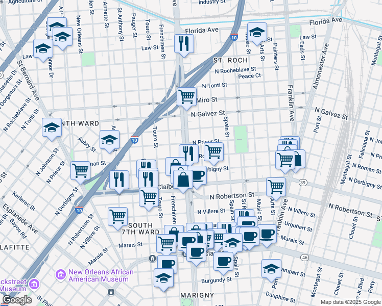 map of restaurants, bars, coffee shops, grocery stores, and more near 1809 Elysian Fields Avenue in New Orleans