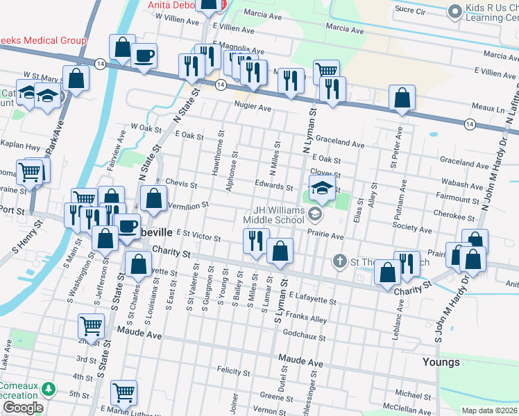 map of restaurants, bars, coffee shops, grocery stores, and more near 301-399 North Miles Street in Abbeville