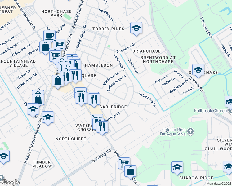 map of restaurants, bars, coffee shops, grocery stores, and more near 13706 Sablegarden Lane in Houston
