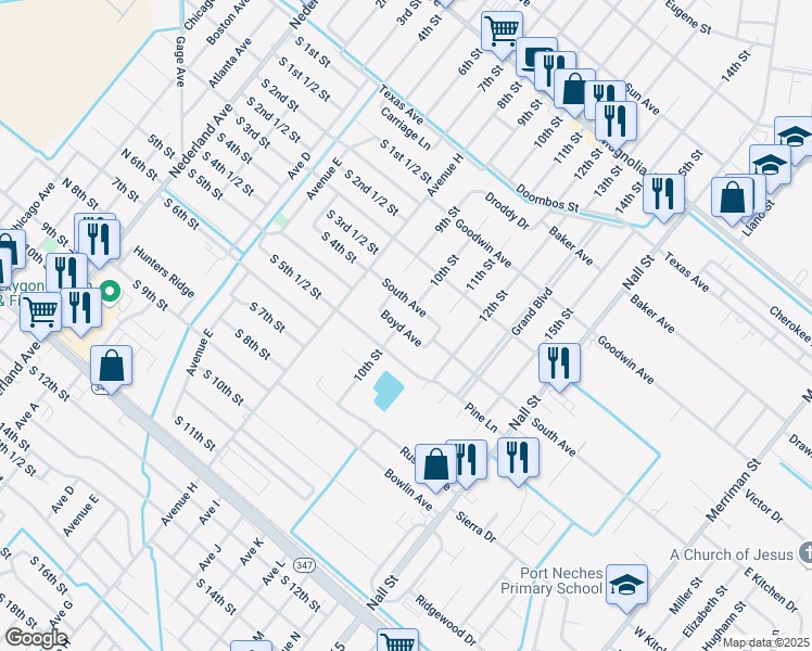 map of restaurants, bars, coffee shops, grocery stores, and more near 1320 Boyd Avenue in Port Neches