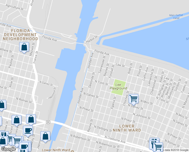 map of restaurants, bars, coffee shops, grocery stores, and more near 2333 Deslonde Street in New Orleans