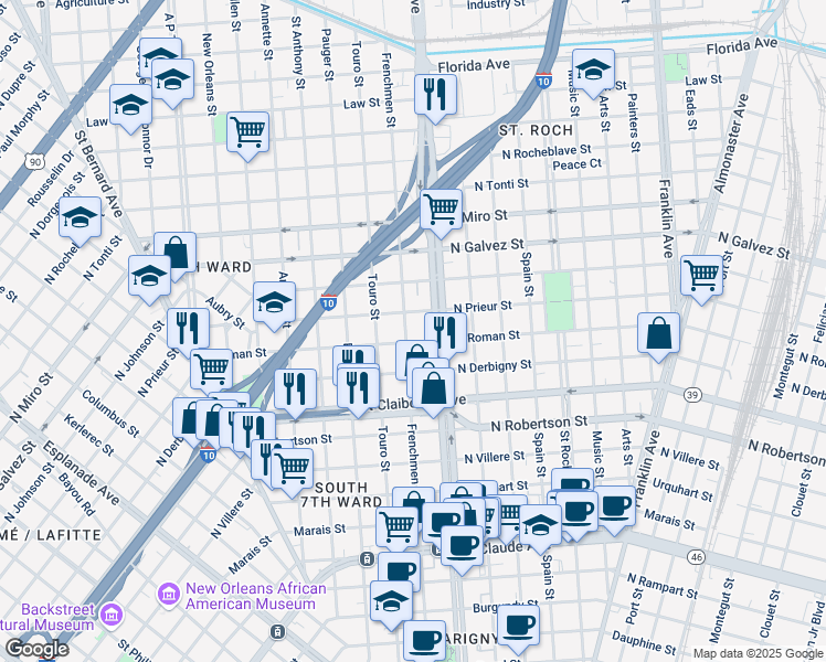 map of restaurants, bars, coffee shops, grocery stores, and more near 1815 Frenchmen Street in New Orleans