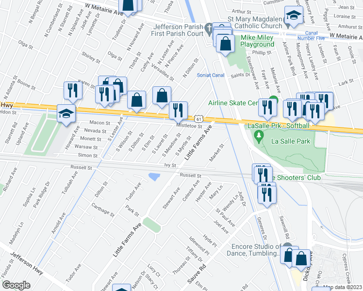 map of restaurants, bars, coffee shops, grocery stores, and more near 1356 South Myrtle Street in Metairie