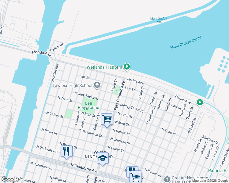 map of restaurants, bars, coffee shops, grocery stores, and more near 2505 Flood Street in New Orleans
