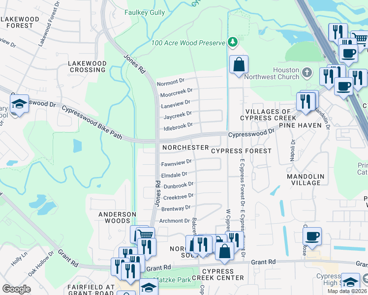map of restaurants, bars, coffee shops, grocery stores, and more near 10714 Glenway Drive in Houston