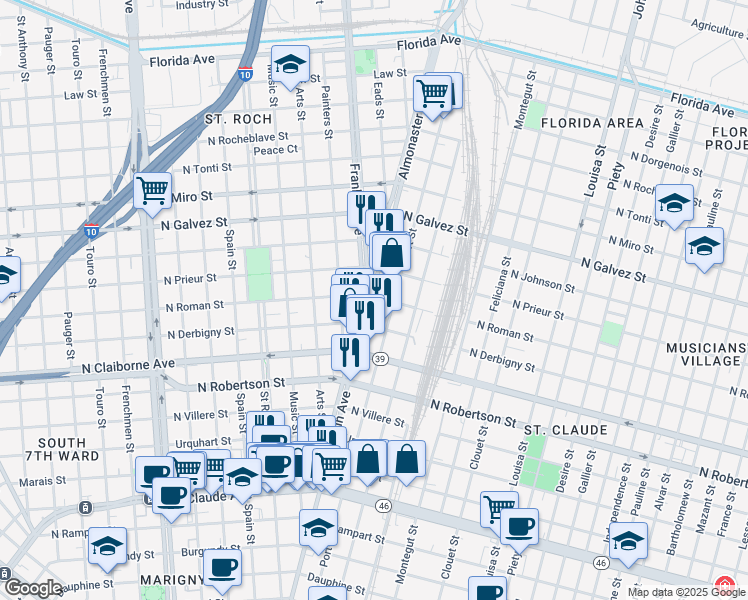 map of restaurants, bars, coffee shops, grocery stores, and more near 1743a Franklin Avenue in New Orleans