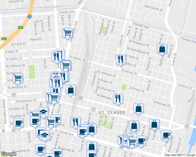 map of restaurants, bars, coffee shops, grocery stores, and more near 1900 Clouet Street in New Orleans