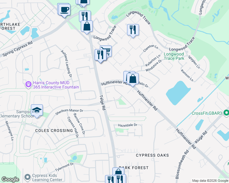map of restaurants, bars, coffee shops, grocery stores, and more near 13727 Cardinal Flowers Drive in Cypress