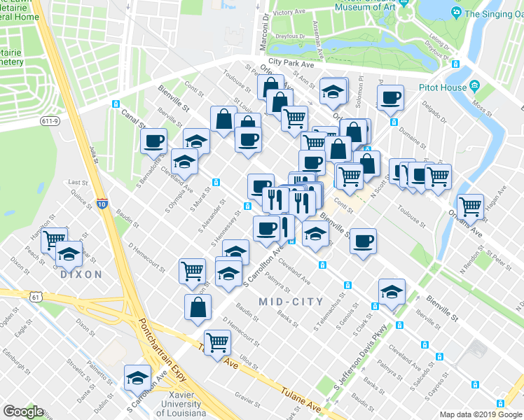 map of restaurants, bars, coffee shops, grocery stores, and more near 4201 Canal Street in New Orleans