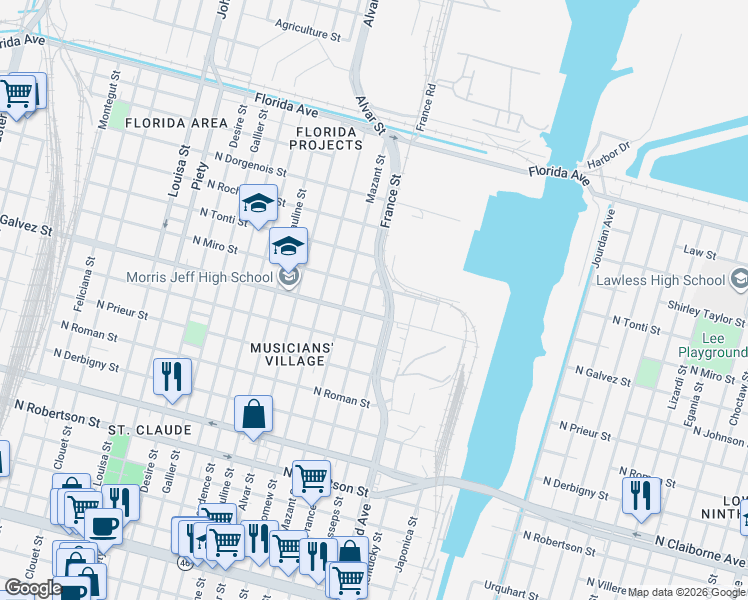 map of restaurants, bars, coffee shops, grocery stores, and more near 48650 Poland Avenue in New Orleans