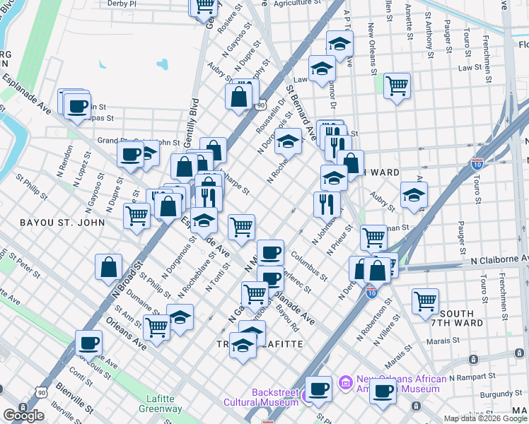 map of restaurants, bars, coffee shops, grocery stores, and more near 1516 North Rocheblave Street in New Orleans