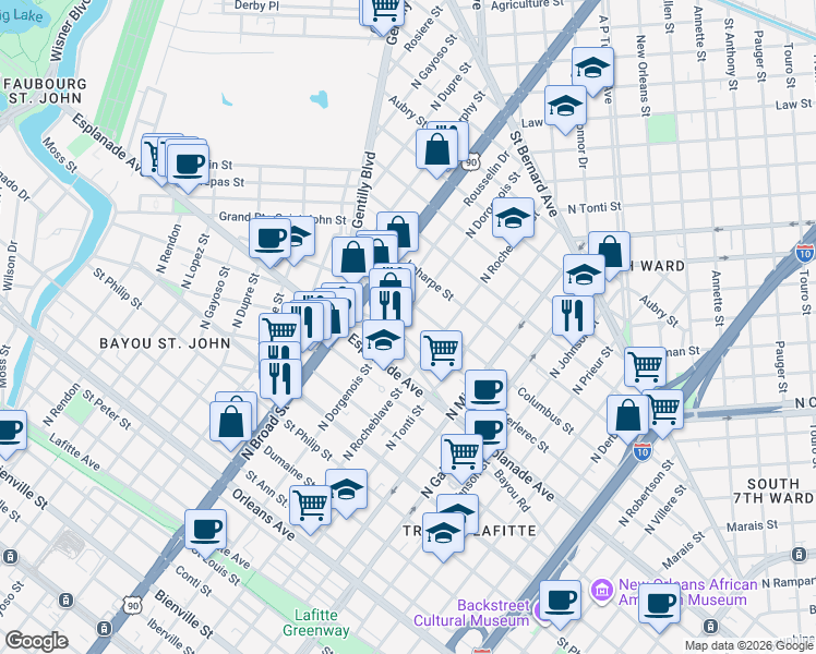 map of restaurants, bars, coffee shops, grocery stores, and more near 2428 Columbus Street in New Orleans