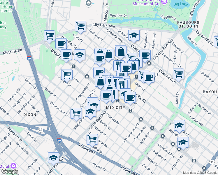 map of restaurants, bars, coffee shops, grocery stores, and more near 4201 Canal Street in New Orleans