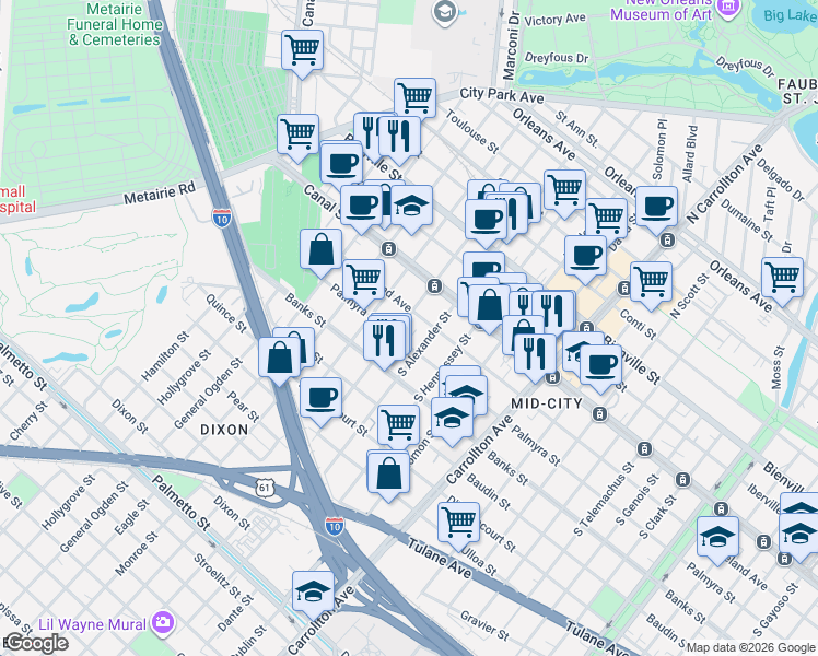 map of restaurants, bars, coffee shops, grocery stores, and more near 225 South Murat Street in New Orleans
