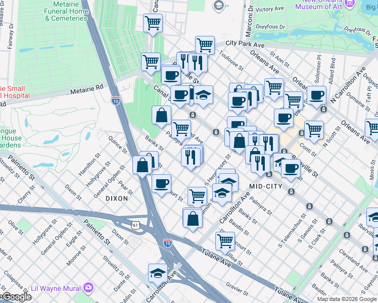 map of restaurants, bars, coffee shops, grocery stores, and more near 225 South Murat Street in New Orleans