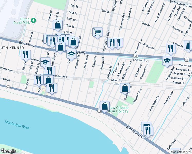 map of restaurants, bars, coffee shops, grocery stores, and more near 2530 Kenner Avenue in Kenner